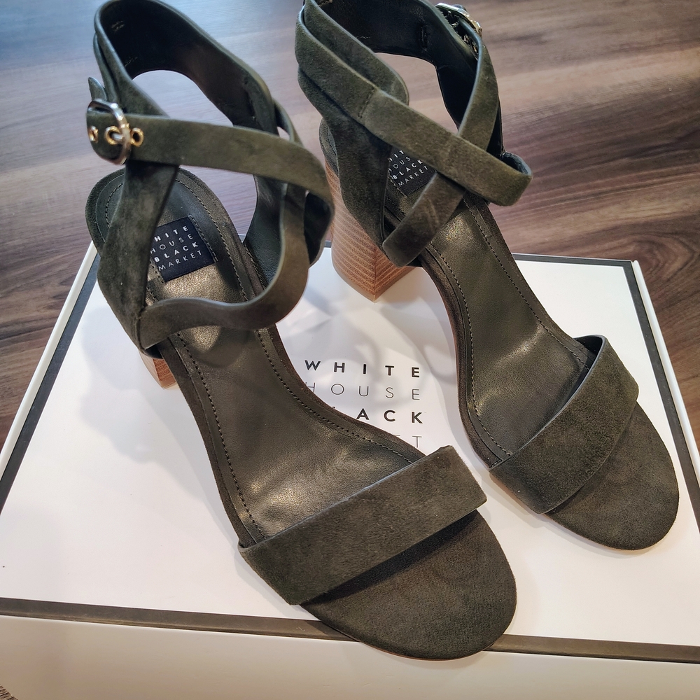 White House Black Market Olive Green Suede Strappy Block Heel Sandals